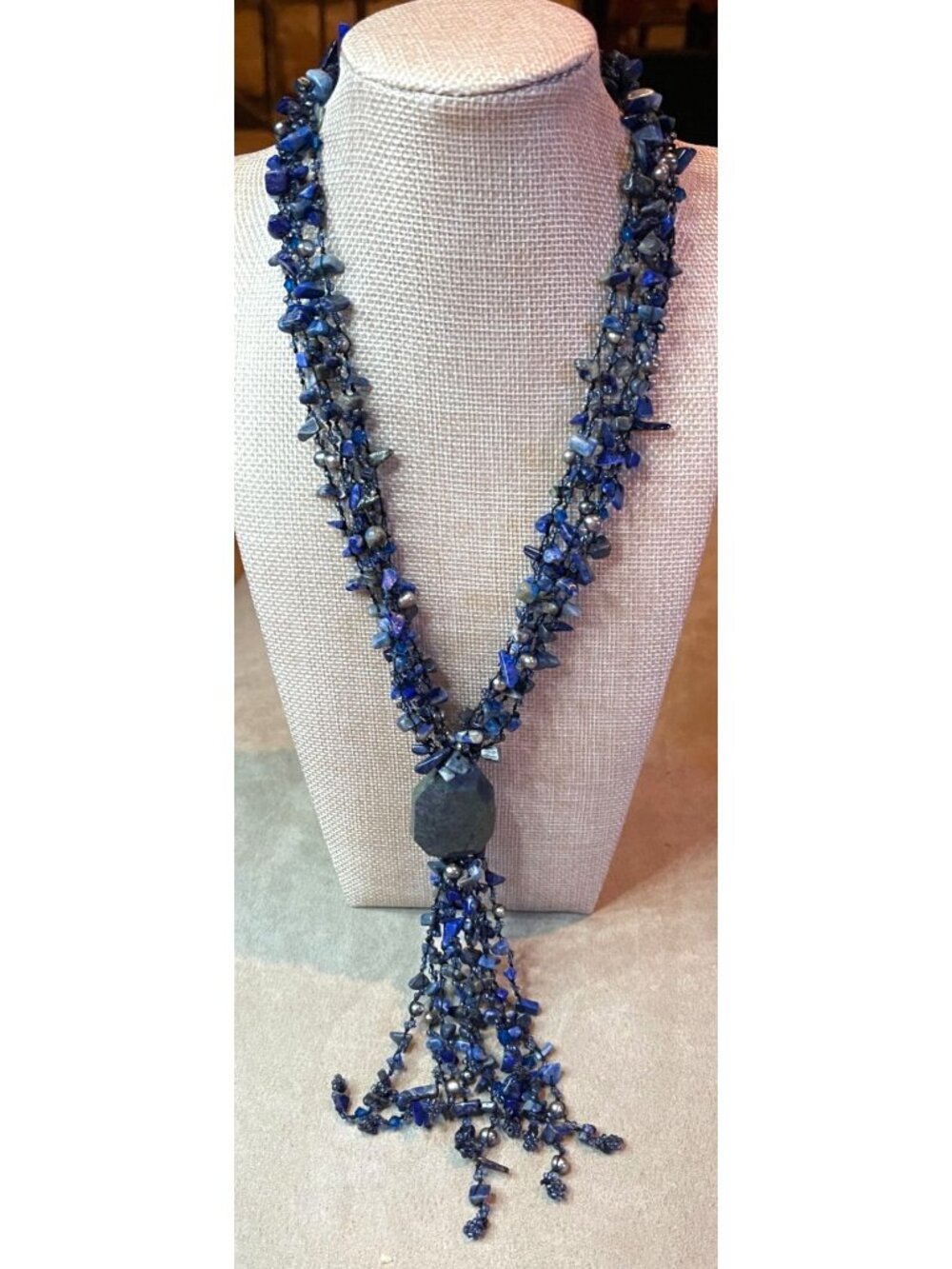 Vintage Boho Multi Strand Lapis Lazuli Gemstone Chip Freshwater Pearl Statement